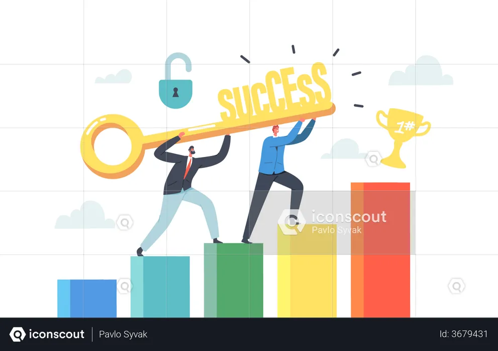 Team of Business people Holding Golden Key Climb to Financial Success  Illustration