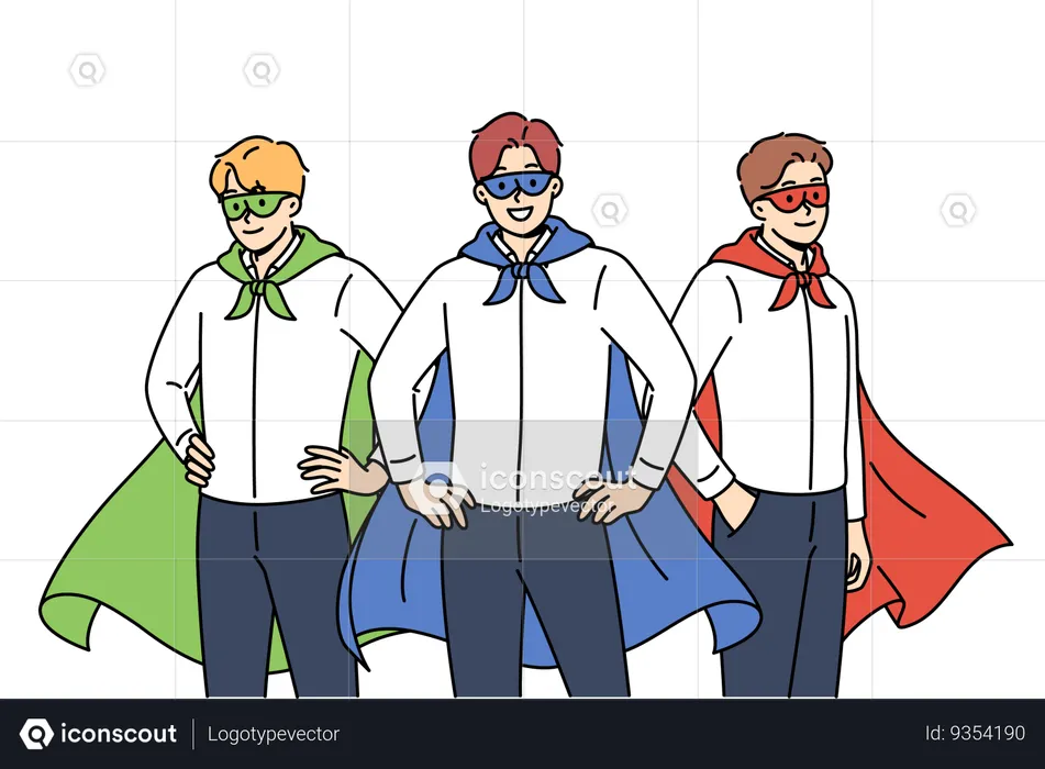 Team of business people in superhero masks and capes ready to provide consulting services  Illustration