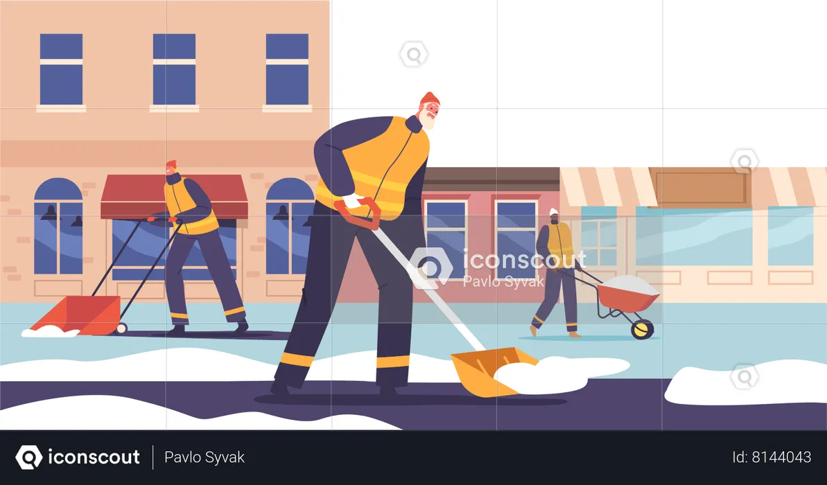 Team Of Dedicated Cleaner Characters In Action, Diligently Clearing Snow From City Streets  Illustration