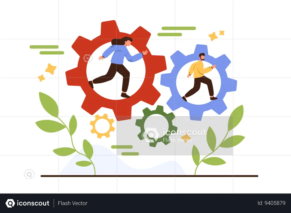 Team of employees running inside gears  Illustration