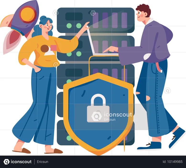 Team of employees working on server protection techniques  Illustration