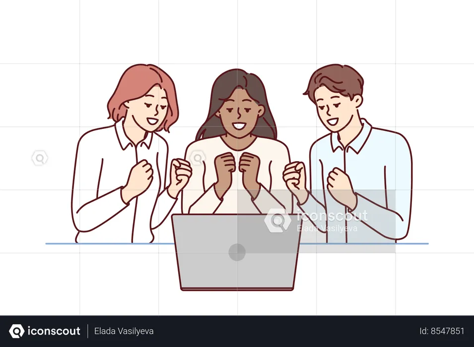 Team of excited friends sitting near laptop and watching football match together  Illustration