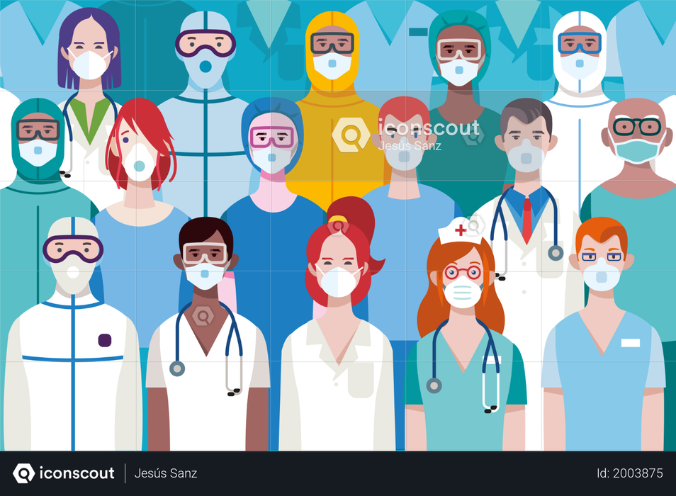 Team of Female and Male Doctors or Nurses Wearing different Personal Protective Equiment for work in an Hospital to fight against the covid-19 virus Illustration