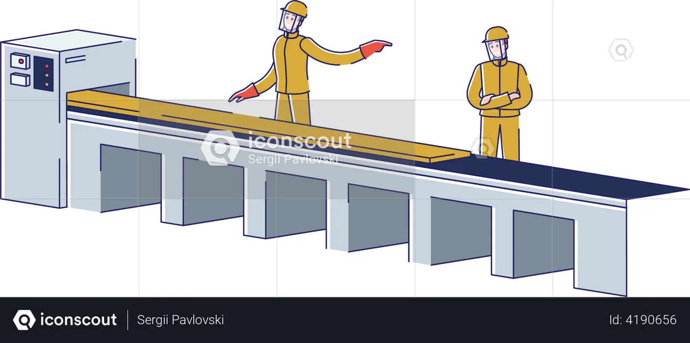 Team of Metallurgists Control Metal Rolling Process on Conveyor At Metallurgical Plant  Illustration