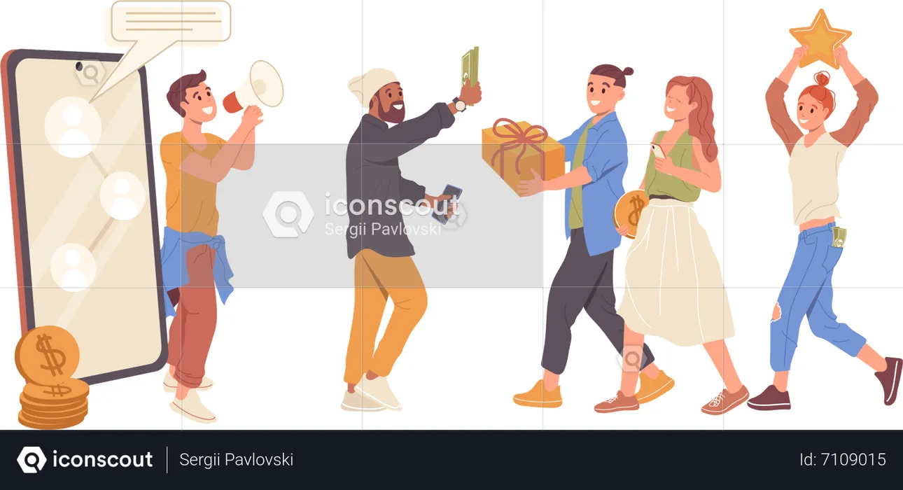 Team of salesman attracting audience by referral program  Illustration