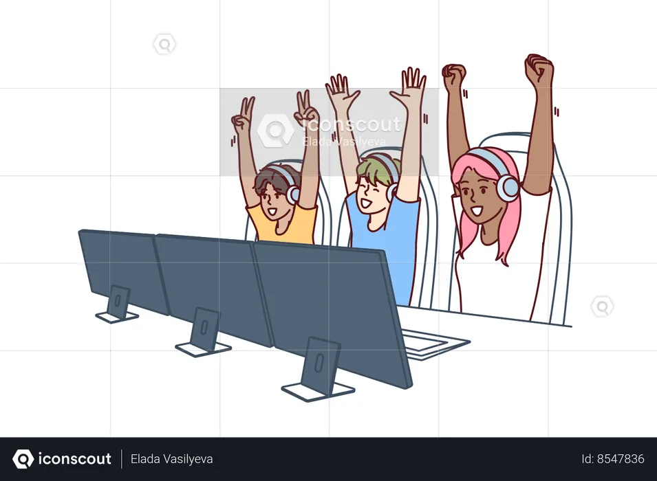 Team of teenagers gamers have won multiplayer video game and are raising hands in triumph  Illustration