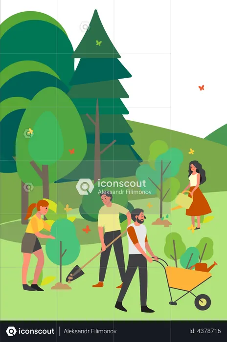 Team of volunteers planting trees in park  Illustration