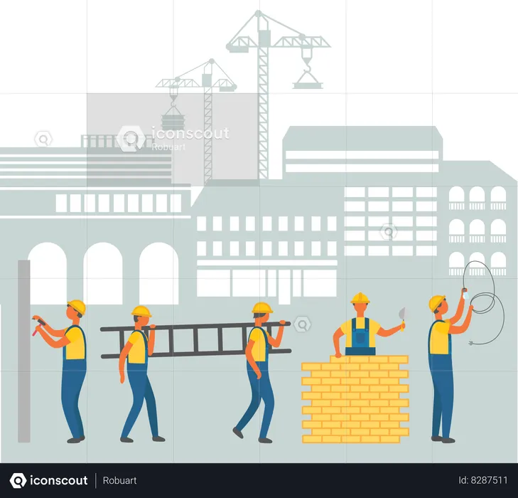 Team of Workmen on Construction Area Cityscape  Illustration