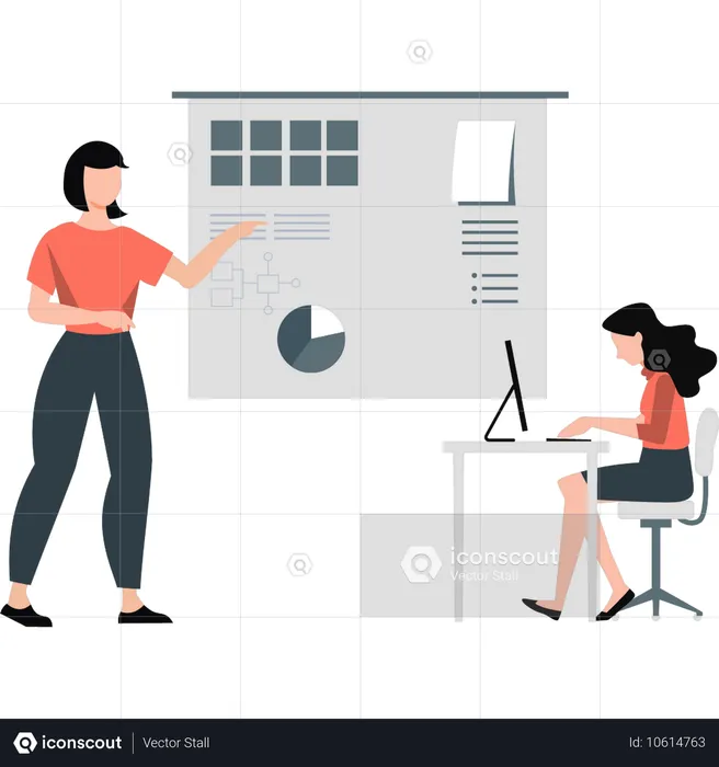 Team reviewing company performance on bar chart  Illustration