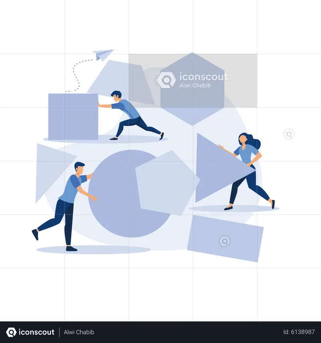 Ein Team von Menschen setzt ein abstraktes geometrisches Puzzle zusammen  Illustration