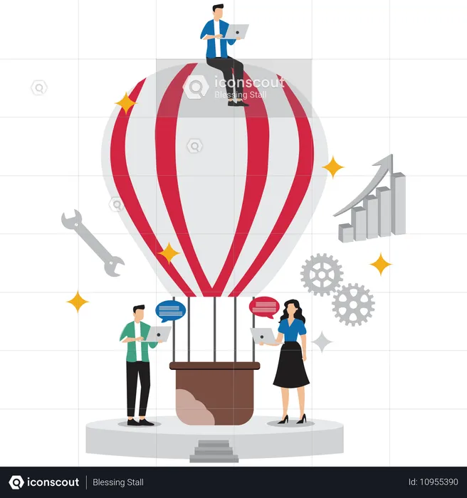 Team startet Heißluftballon als Symbol für Unternehmenswachstum und -expansion  Illustration