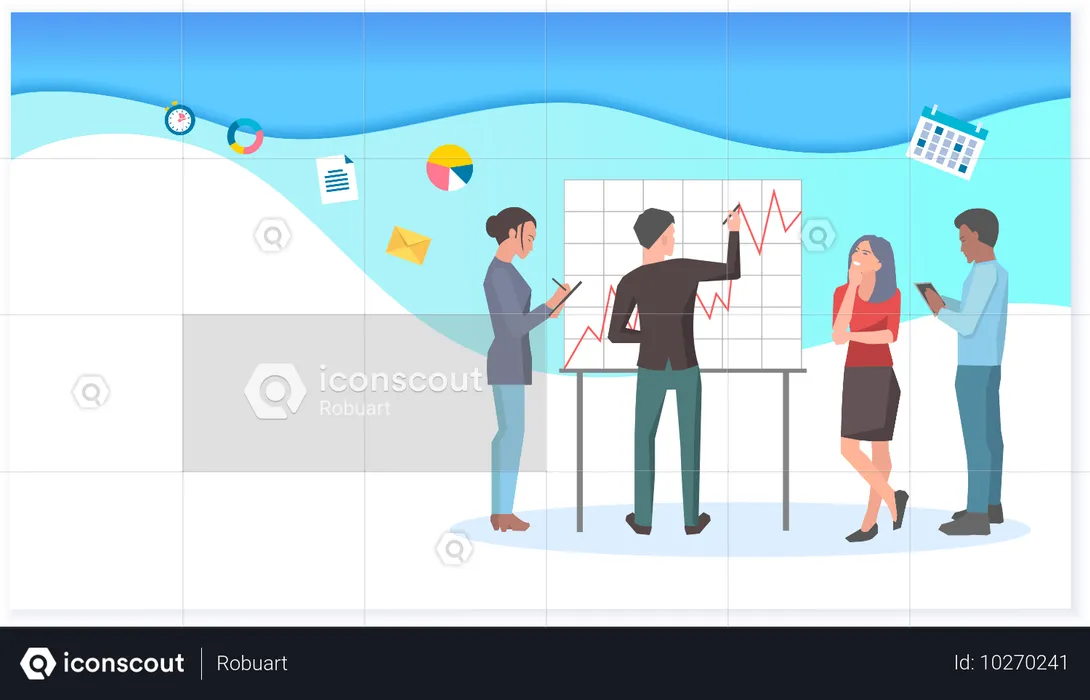 Team diskutiert mit Mitarbeitern über Analysedaten  Illustration