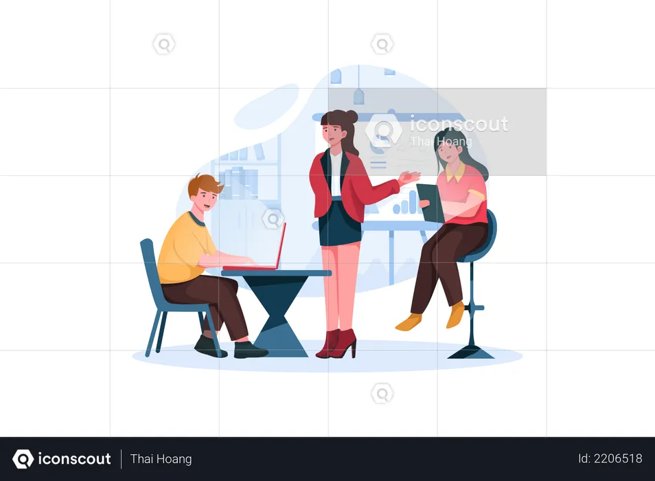Team works on project with help of analytics, computers and graphs in office  Illustration