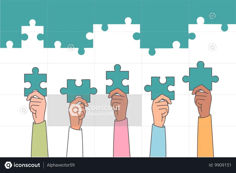 Teamwork business people holding puzzles in hands  Illustration