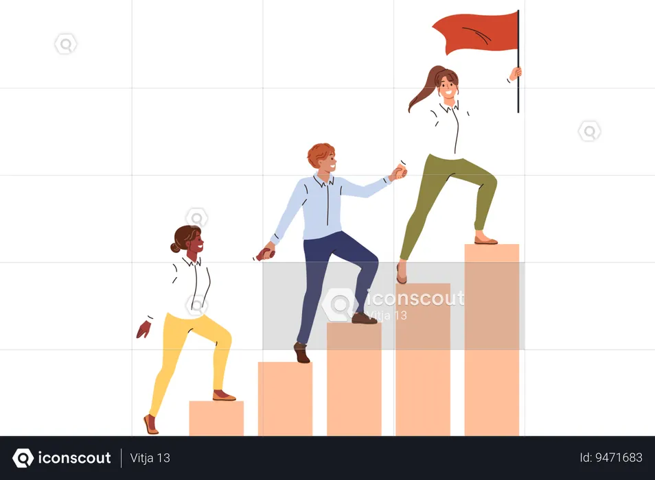 Teamwork company employees climbing up on schedule to hoist flag to top and achieve superiority  Illustration