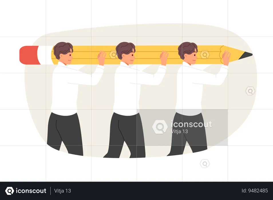 Teamwork of men lifting large pencil together to complete task set by company management  Illustration