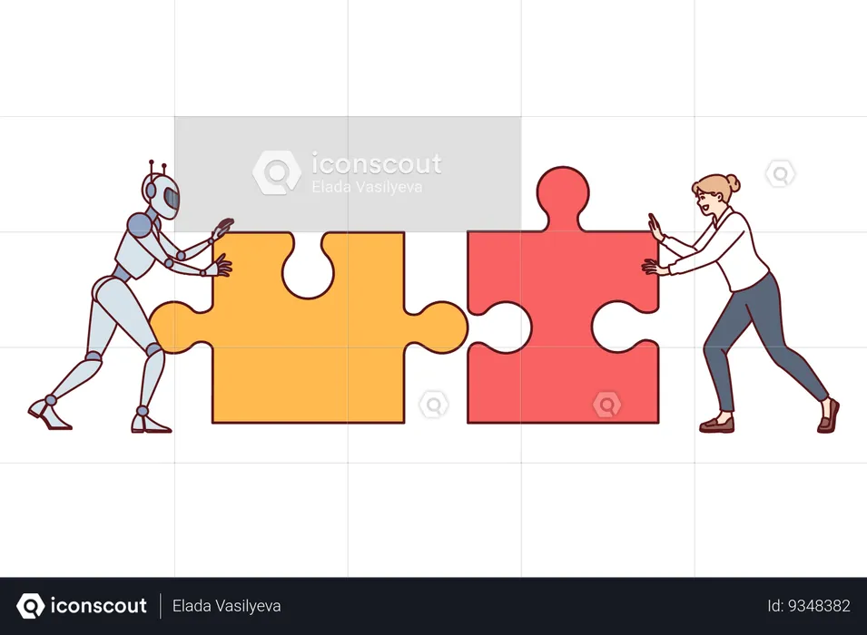 Teamwork of robot with AI and person connecting puzzles to create innovative project  Illustration