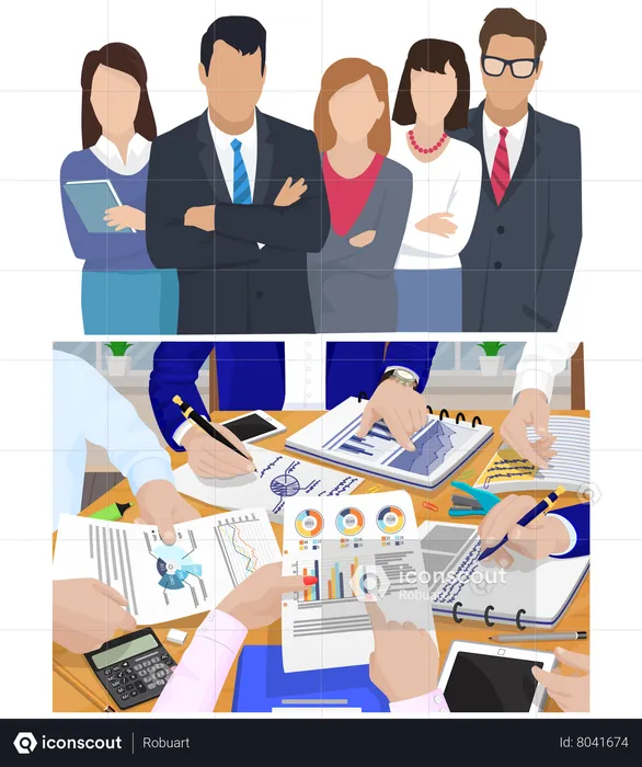 Teamwork on a business project Business Men and Business Women  Illustration