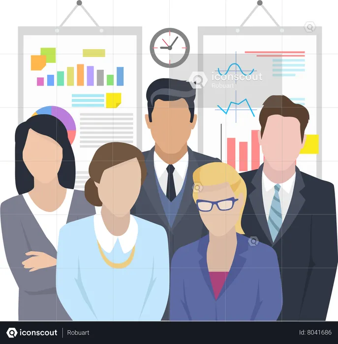 Teamwork three businesswomen and two businessmen in the office ready to work  Illustration