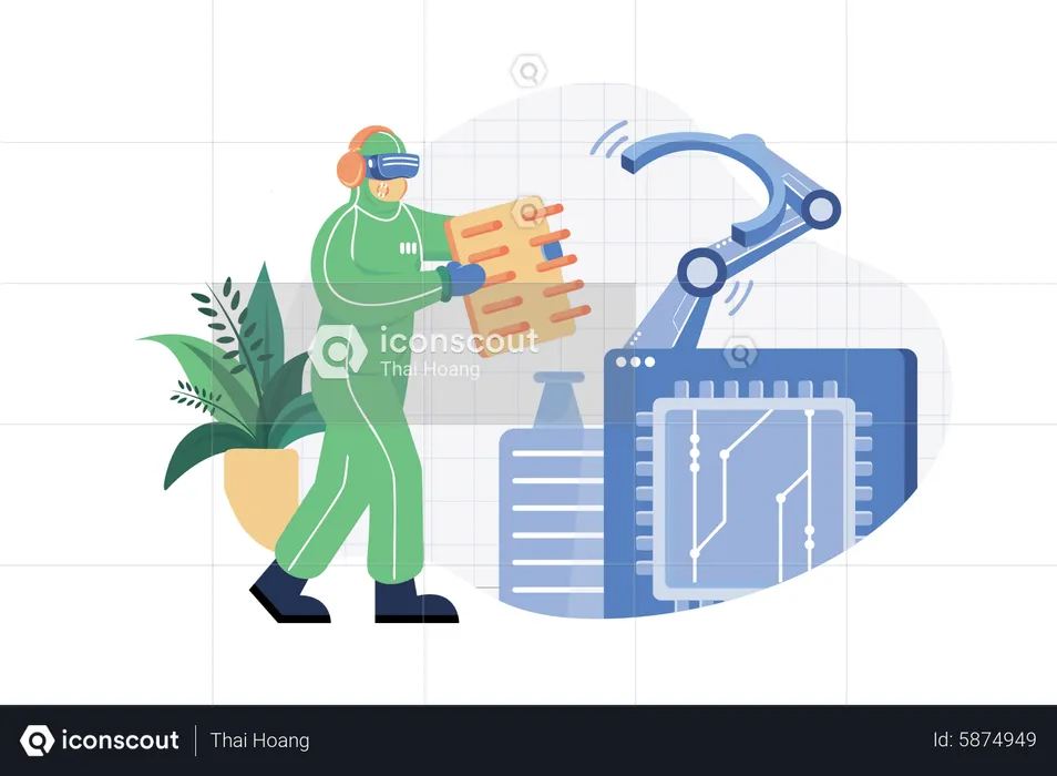 Technician in sterile coveralls is wearing virtual reality headsets at the semiconductor manufacturing plant  Illustration