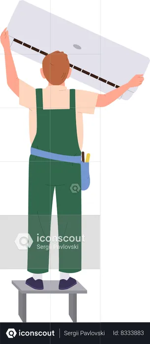 Technician worker character installing wall air conditioner  Illustration