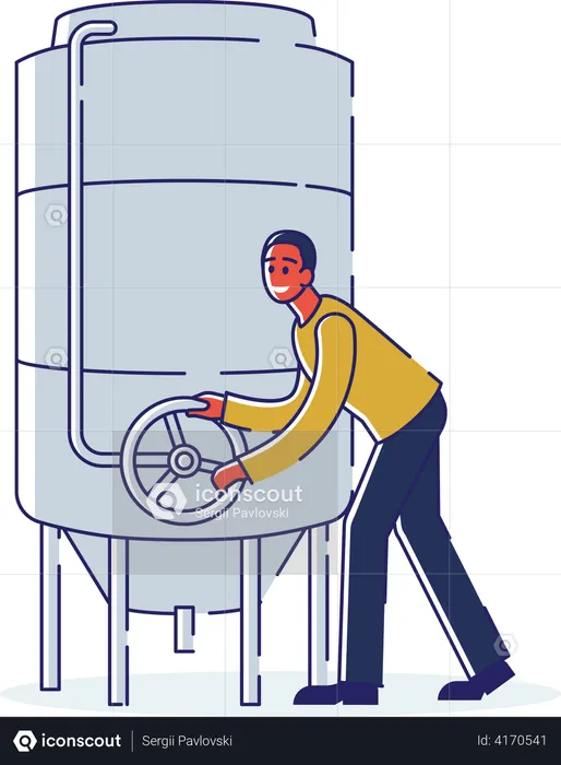 Contrôle technique du travail du conteneur avec du liquide dans la vanne de commande tournante  Illustration