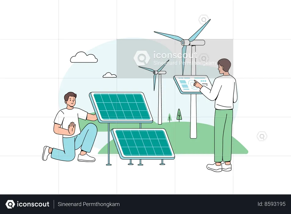 Técnico instalando turbina solar e eólica  Ilustração