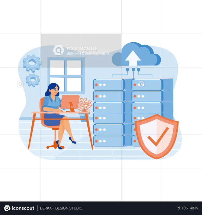 Técnico trabalhando em segurança de banco de dados  Ilustração