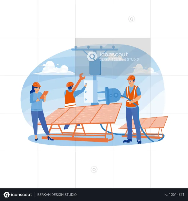 Técnicos trabalhando na instalação de painéis solares  Ilustração