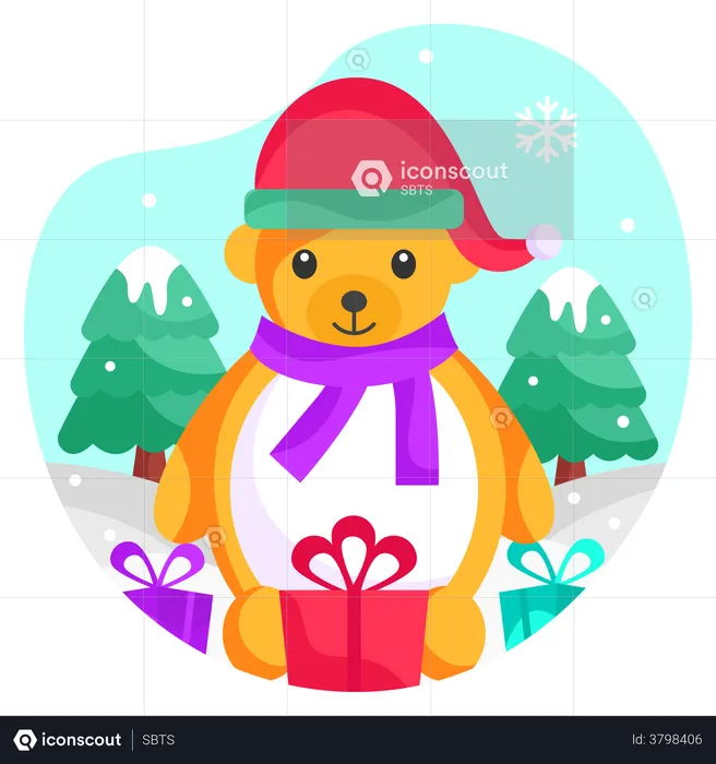 Teddy bear with Christmas gifts  Illustration