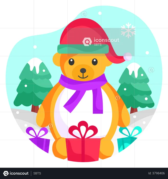 Teddybär mit Weihnachtsgeschenken  Illustration