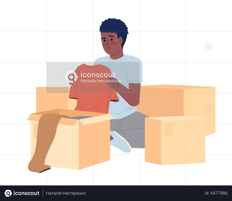 Teen boy decluttering clothes in boxes  Illustration