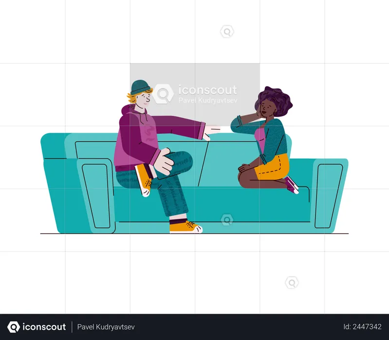 Teen couple sitting on sofa and talking  Illustration