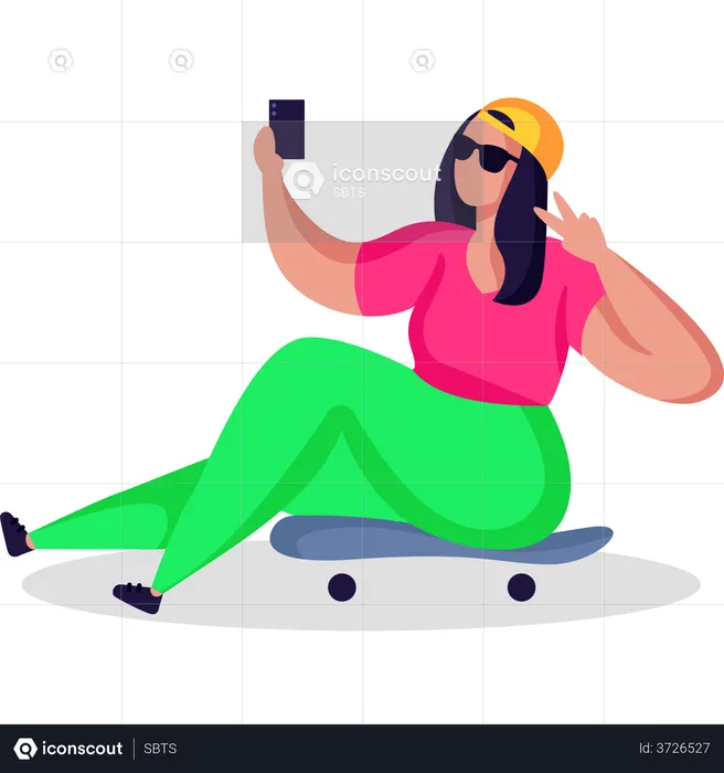 Teen girl clicking selfie while sitting on skateboard  Illustration