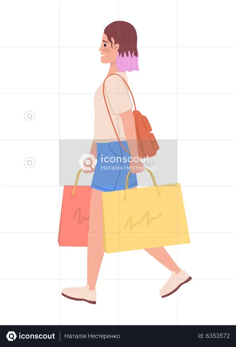 Teen girl with colorful hair strolling with bags  Illustration