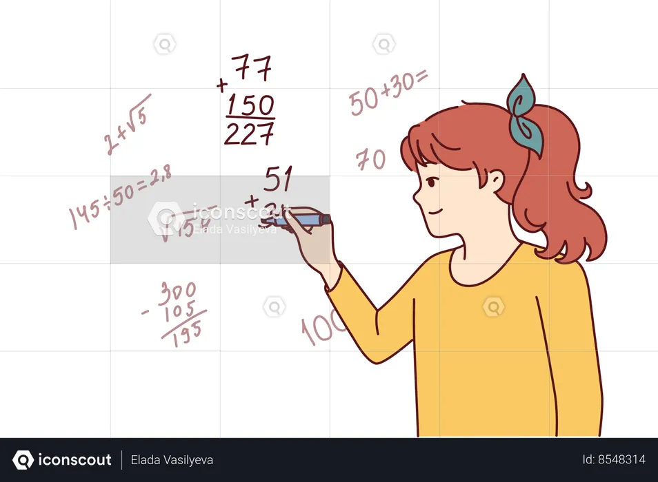 Teen girl writes complex mathematical formulas on blackboard  Illustration