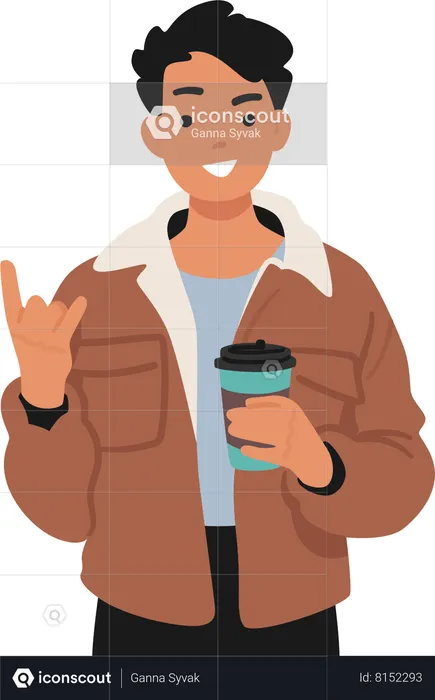 Teenage Boy Confidently Holding Coffee Cup  Illustration