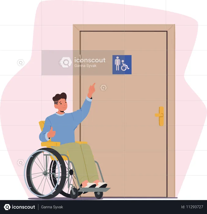 Teenage boy  in wheelchair pointing at closet door with mixed usage symbol  Illustration