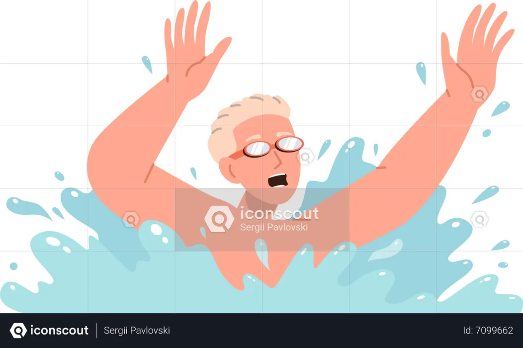 Teenage boy wearing swimming protective goggles drowning in sea  Illustration