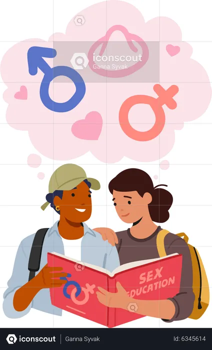 Teenage girl and boy reading book related to sex education  Illustration