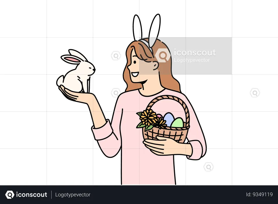 Teenage girl celebrating easter holds decorated eggs in basket and small rabbit  Illustration