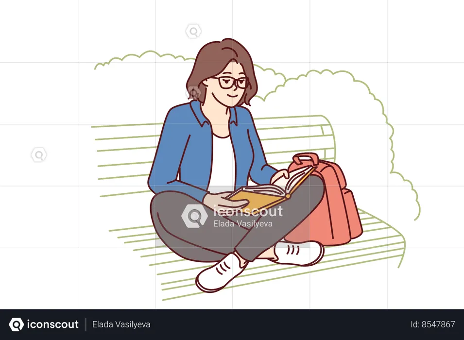Teenage girl is reading book sitting on park bench enjoying good summer weather and intriguing plot  Illustration