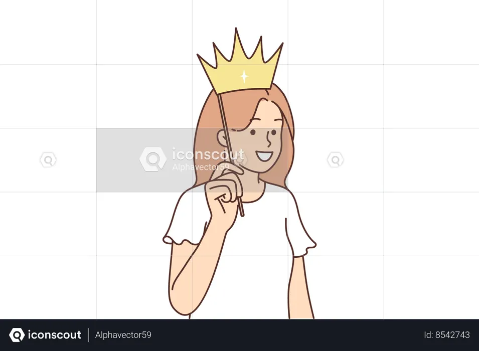 Teenage girl puts fake crown to head and smiles  Illustration