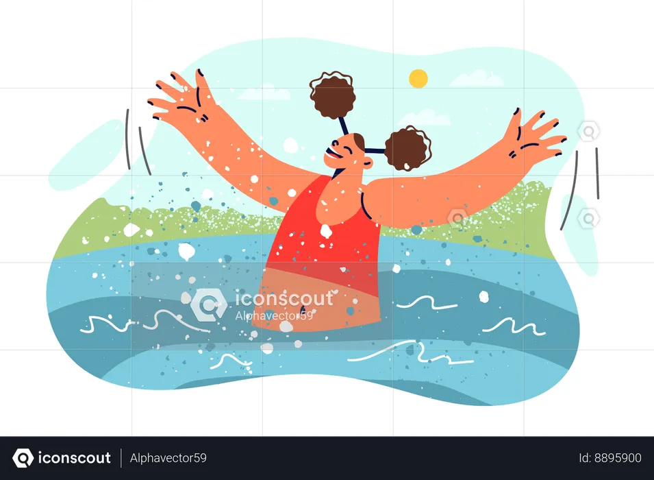 Teenage girl swims in pool in hot weather spending summer holidays in aqua park or tourist resort  Illustration