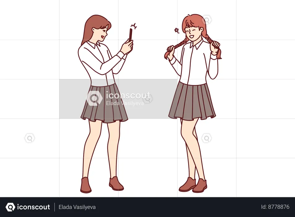 Teenage girls are clicking each others photo  Illustration