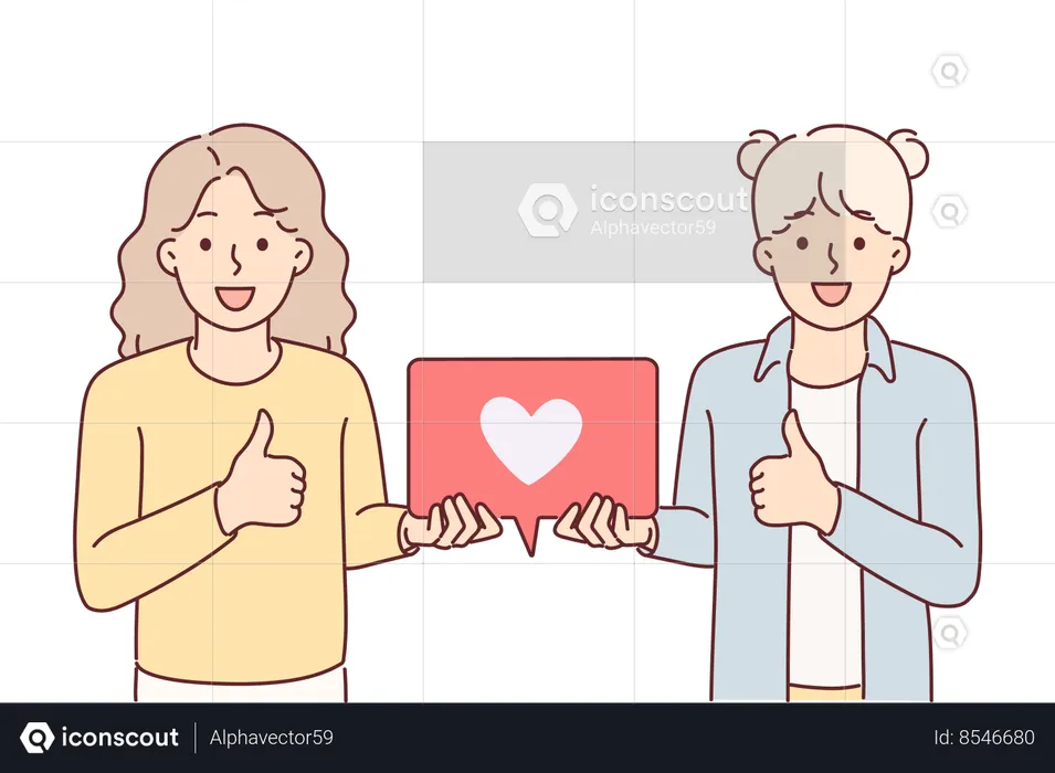 Teenage girls showing thumbs up and holding like icon for social media feedback concept  Illustration