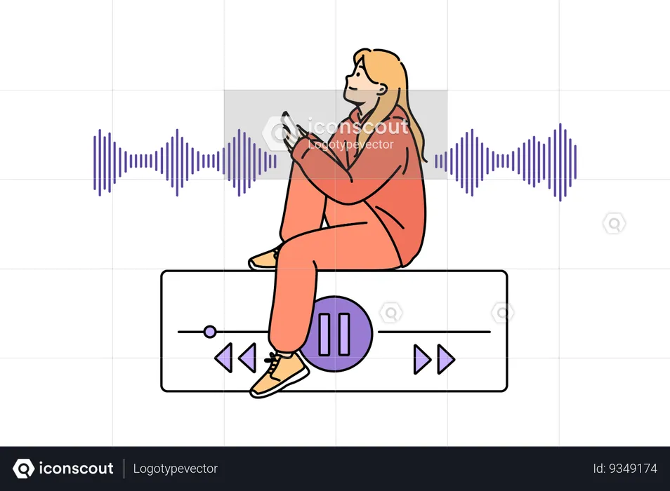 Teenage woman listens to music on phone while sitting near equalizer on buttons to control playlist  Illustration