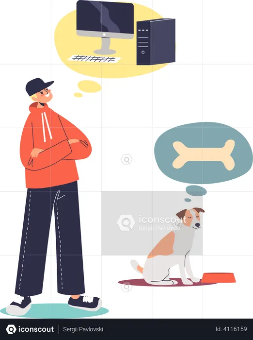Teenaged boy dreaming of computer while dog dreaming for food  Illustration