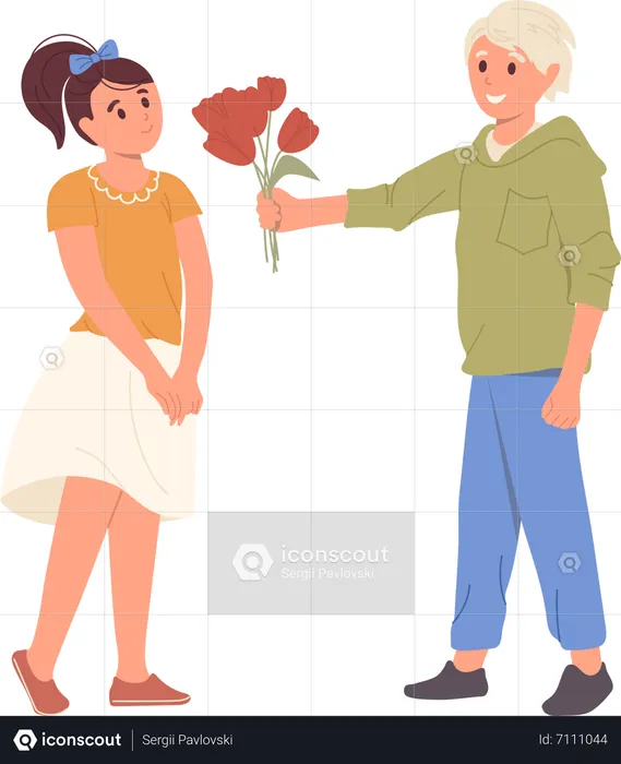 Teenager boy giving bouquet to loving girlfriend  Illustration