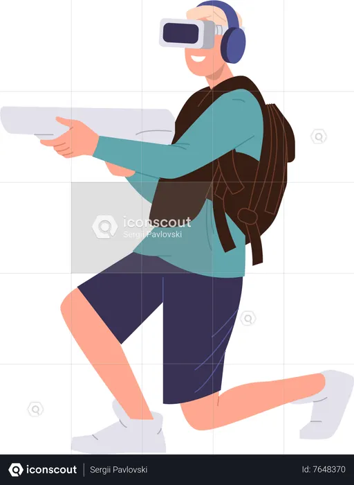 Teenager boy wearing vr goggles shooting with gun playing virtual videogames  Illustration